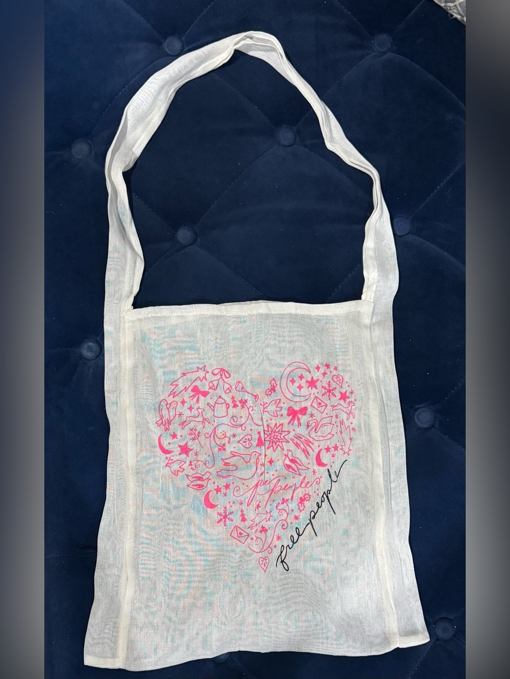Free People Pink White Heart Gauze Festive Reusable Tote Bag